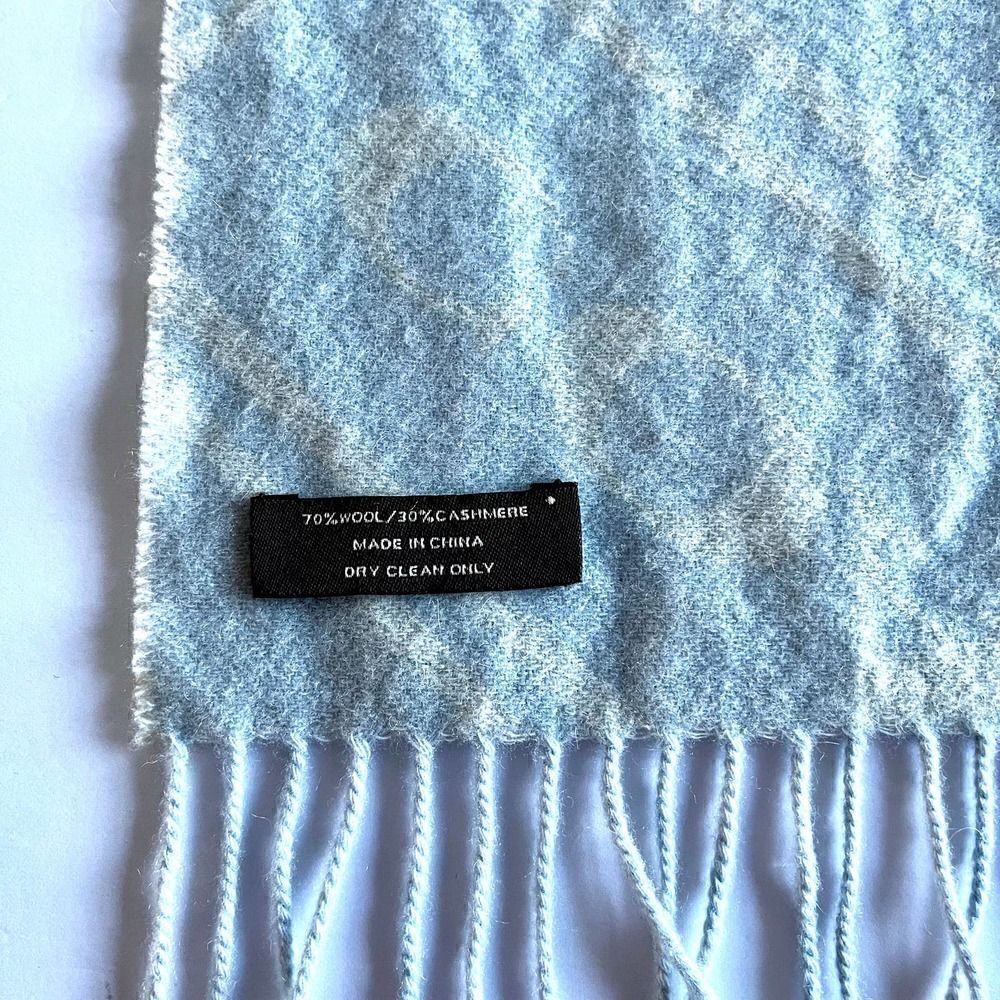 Coach Cashmere and Wool Logo Fringe Scarf Light Blue and Ivory Muffler Scarf - Picture 6 of 9